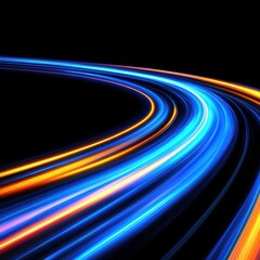 Dynamic light trails in vibrant blue and orange against a stark black backdrop creating a sense of speed and energy abstract design for modern technology
