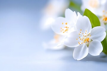 Obraz premium Delicate white blossoms with yellow centers, nestled amongst vibrant green leaves, against a soft blue backdrop
