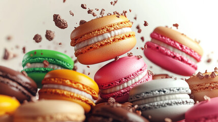 Stack brightly macarons rising, floating air. Sweet French sandwich cookies. Concept lightness