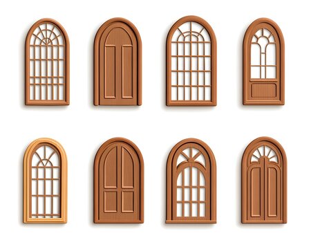 Eight arched wooden doors and windows, various pane designs, isolated on white