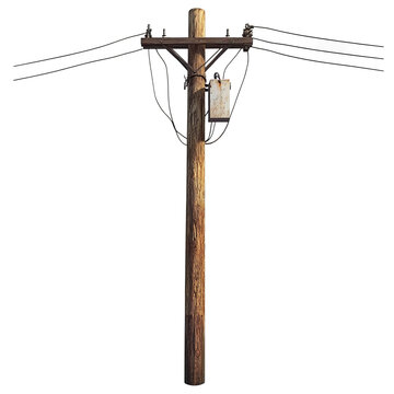 A close-up shot of an electrical pole with wires against sky. The pole is made of wood and has insulators, transformers, and cables attached to it