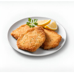 A Breaded chicken schnitzel isolated over transparent background, PNG cut-out
