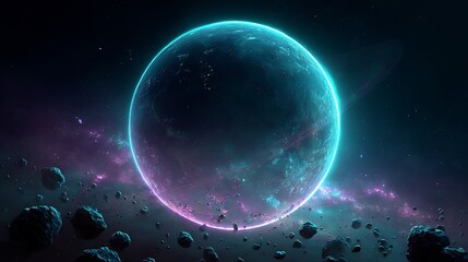 Surreal Exoplanet with Asteroid Field and Ring System in a Cosmic Scene