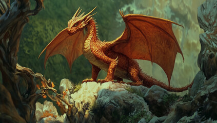 Red dragon on rocky cliff in fantasy forest