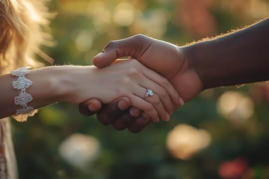 close-up of interracial raised hands together between white woman and black man - Powered by Adobe