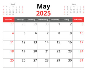 2025 may calendar. vector English monthly calendars. Design with Sunday start