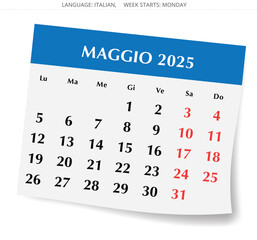 Calendar for May 2025 - maggio. Italy, Italian. Vector illustration in the form of a page of paper with shadow