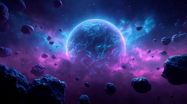 Cosmic Voyage: A Nebula-Infused Exoplanet Amidst Asteroid Swarms in Deep Space