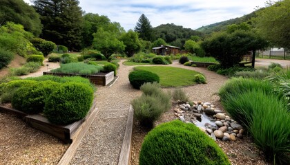 Serene garden with lush greenery and pathways.
