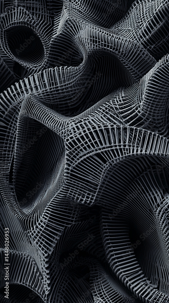 Poster Abstract grayscale image of a complex, three-dimensional structure resembling a woven or lattice pattern, creating a dynamic and textured visual, ideal for design backgrounds