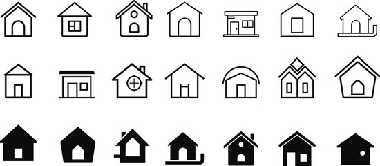 Minimal home icon set including modern, classic, and abstract house symbols in solid and outline style. Perfect for apps, real estate, websites, and interface design. Clean, simple visual style.