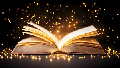 Open book emitting golden light and sparkles against a dark background