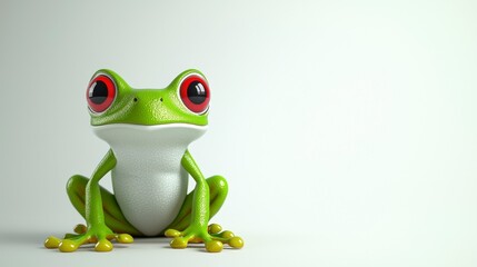Cute Green Cartoon Frog with Red Eyes on White Background