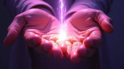 Light through the palms of your hands in ultraviolet, God and religion. Divine light through hand fingers, prophet Muhammad.
