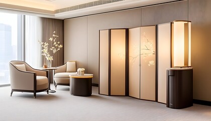 Serene sitting area with beige armchairs, a room divider featuring floral design, and ambient lighting