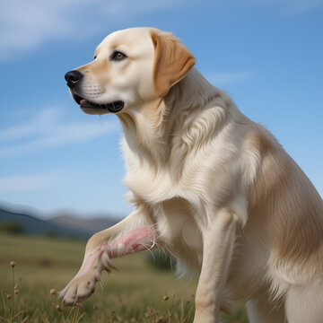 Closeup profile of Golden Labrador Retriever dog limping showing injured leg, with signs of hip dysplaysia, torn acl or osteosarcoma.