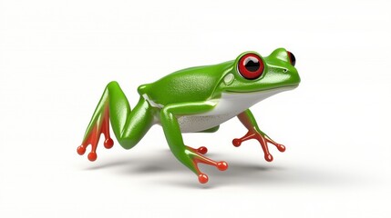 Obraz premium Green Frog with Red Eyes Leaping on White Background