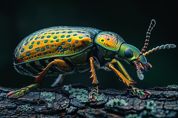 Fototapeta premium Vibrant beetle crawling on a log in a lush forest during the early hours of dawn