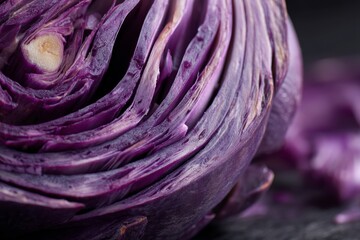 Obraz premium A detailed macro shot of a beautifully sliced red cabbage, showcasing its intricate textures and colors.
