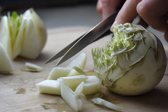 Someone slicing fresh kohlrabi on a wooden board in preparation for cooking with a sharp knife. - Powered by Adobe