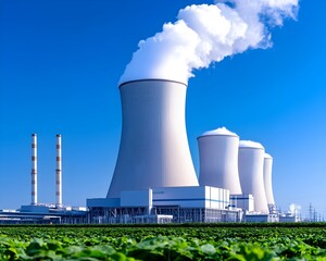 Fototapeta premium Three large cooling towers of a power plant emit steam against a clear blue sky, set amidst a verdant field