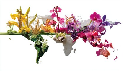 Vibrant floral world map design with natural elements.