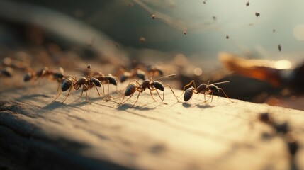 Fototapeta premium Close-up view of numerous ants on a weathered wooden plank.