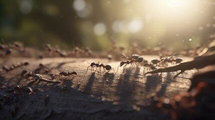 Fototapeta premium Many ants on a sunlit tree trunk.
