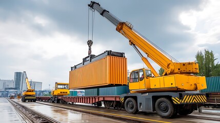 Heavy crane lifting cargo container at shipping yard under cloudy sky with industrial setting in background