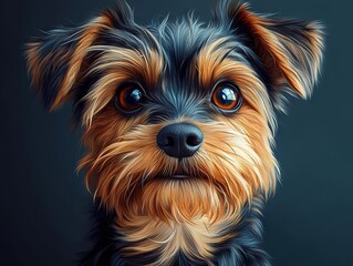 A charming Yorkshire Terrier with amber eyes, soft brown & charcoal fur, and a shiny black nose against a dark background.