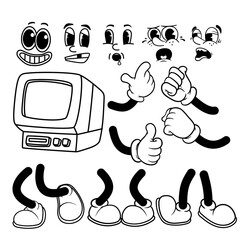 Set of Funny Cartoon Characters Vintage Personal Computer. Cartoon Groovy Body Part Face, Hand, Foot Vector Hand Drawn