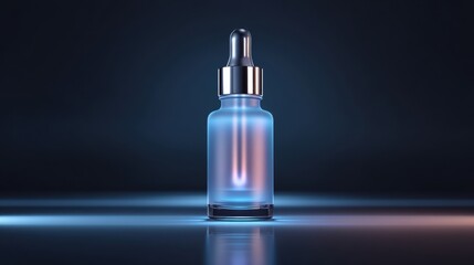 Glass dropper bottle with elegant design on dark blue background for cosmetic and product display