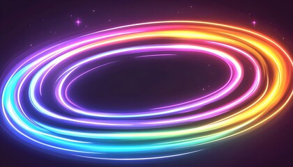 Vibrant rainbow neon light trails swirl in concentric ovals against a dark background, creating a dynamic, energetic effect with subtle sparkles