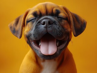 A joyful puppy with orange-black fur, closed eyes, and a wide pink tongue smiling against a vibrant yellow background.