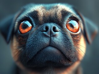 A close-up of a pug's face with vibrant orange-red eyes, black nose, and wrinkled features against a soft-toned blurred background.