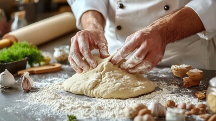 Chef kneading dough on kitchen countertop with ingredients nearby