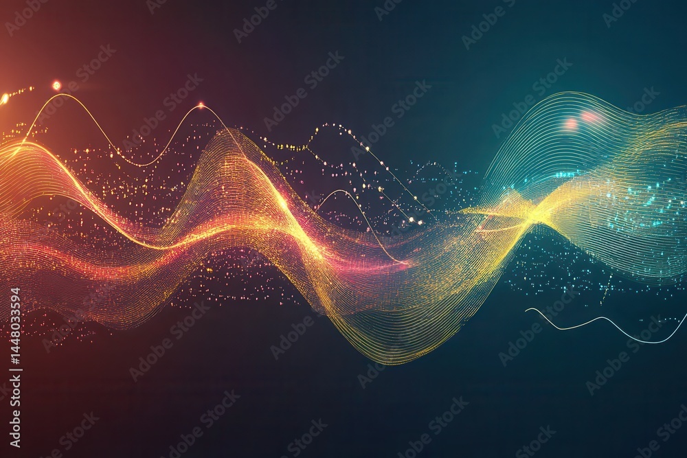 Poster abstract colorful wave patterns with glowing particles creating a dynamic digital background