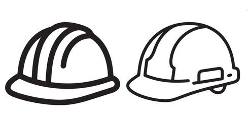 Two line art hard hats, icons in a set of construction themed vector graphics, represent workplace safety.