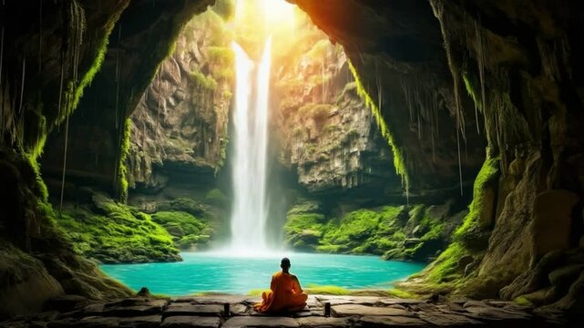 Tranquility at Waterfall Cave: A meditating Buddhist monk finds peace and tranquility in a stunning cave. A hidden waterfall cascades into a tranquil pool.