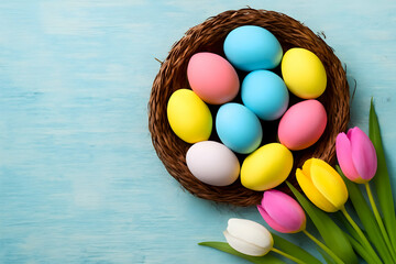 Rustic nest with pastel Easter eggs and tulips on blue wood