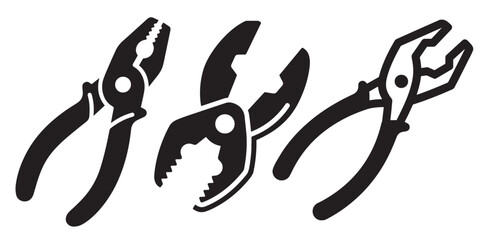 Three black vector art icons depicting different styles of pliers used for gripping, twisting, and cutting materials.