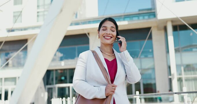 Business, woman and phone call with walking in city for property negotiation, rental agreement and discussion. Realtor, employee and speaking to contact for real estate enquiry and listing question