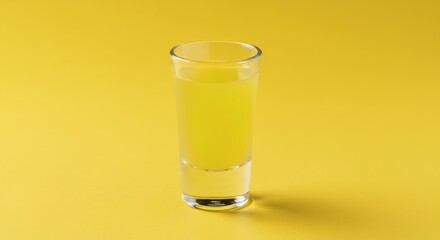 A clear shot glass filled with a vibrant yellow liquid sits against a sunny yellow backdrop.