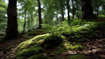Enchanting forest floor: Moss, ferns, and sunlight in a tranquil woodland