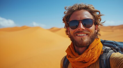 Solo Voyager: A male traveler with a backpack and scarf smiles broadly while capturing a selfie against the stunning backdrop of desert dunes and an azure sky.