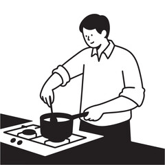 Vector graphic of a man stirring a pot on a stovetop.