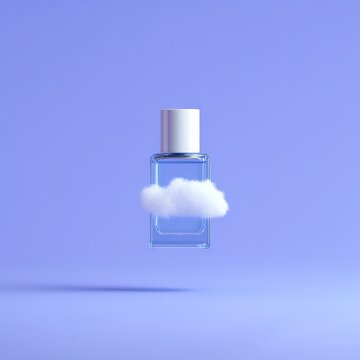 Elegant perfume bottle floating in dreamy cloud scene, soft glow
