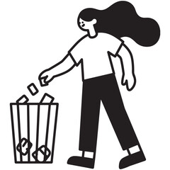 A simple line vector drawing shows a person throwing waste in a trash can and holding a ticket.
