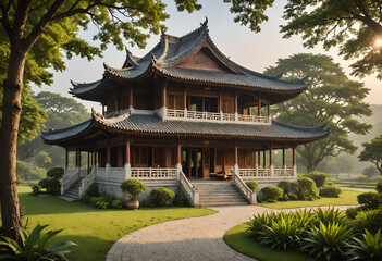 Obraz premium Tranquil Rural Farmhouse with Oriental Pavilion at Dawn