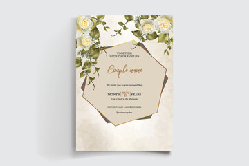 WEDDING INVITATION FRAME WITH FLOWER DECORATIONS AND FRESH LEAVES